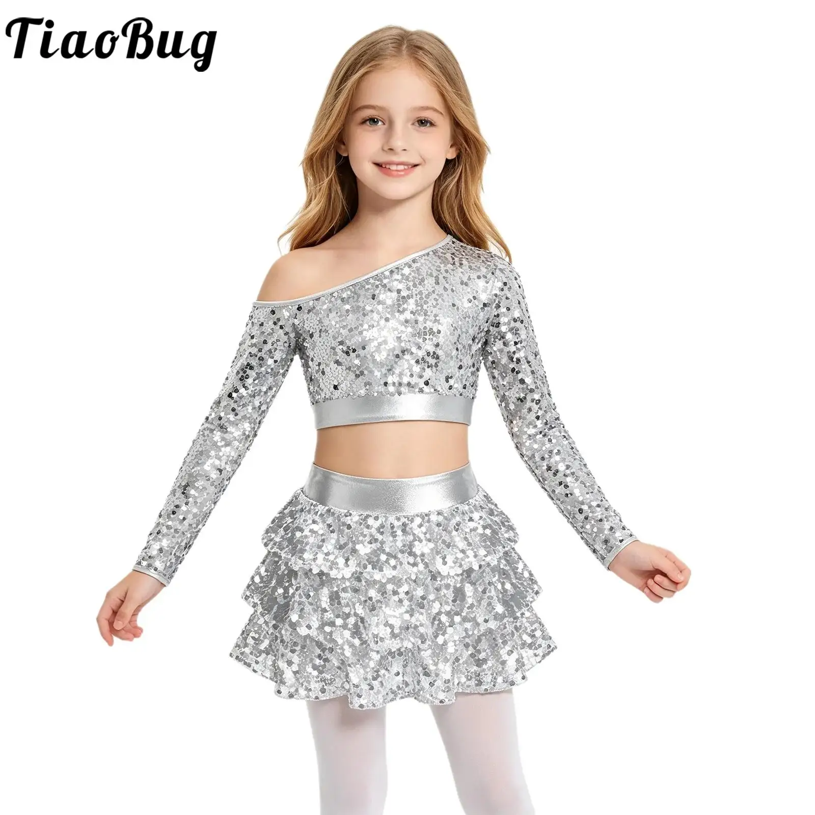 Kids Girls Metallic Shiny Jazz Dance Costume Glittery Sequins Crop Top with Tiered Ruffle Culottes for Cheerleading Performance