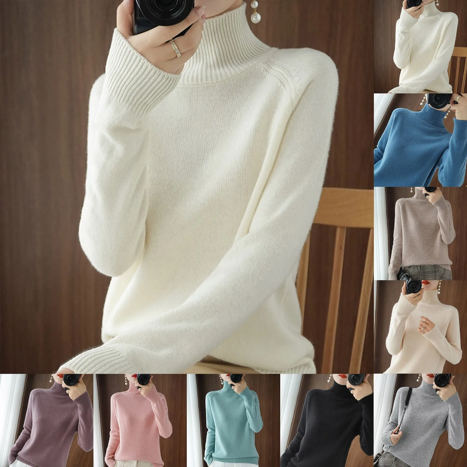 Women Black Beige SoTurtleneck Sweater Autumn Winter New Thicken Knitted Pullover Tops Soft Warm Cashmere Long Sleeve Undershirt