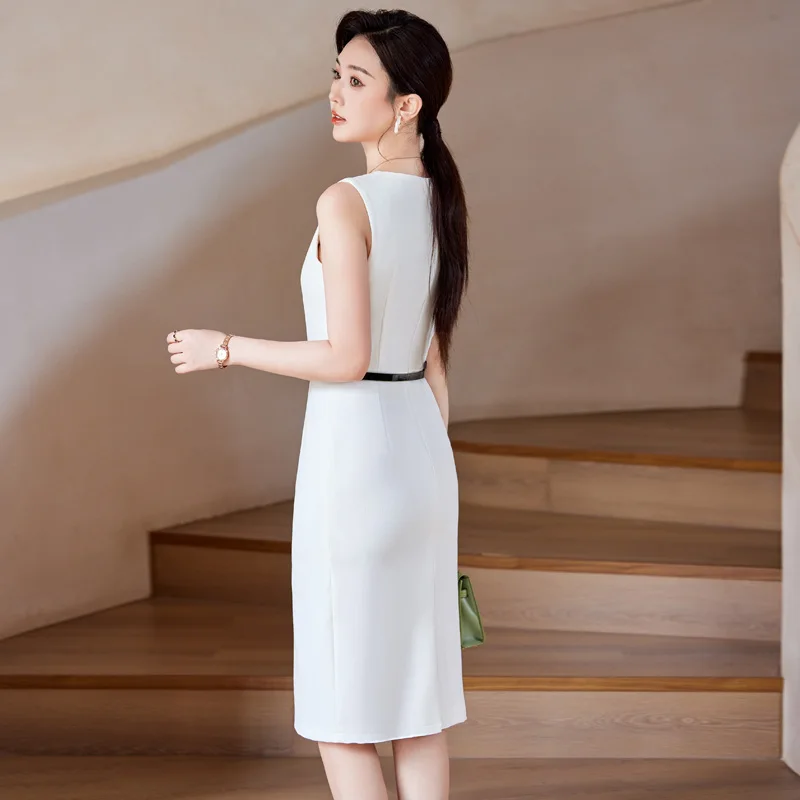 NAVIU Autumn Women Elegant Front Split Office Plain Dresses Business Formal Sleeveless Bodycon Slim Dress White Black Send belt