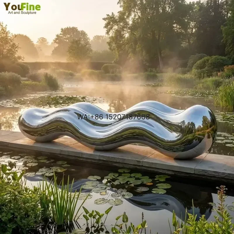 Wmwmnu Modern Stainless Steel Wave Ribbon Sculpture Mirror Polished Outdoor Water Garden Landscape Art Decor