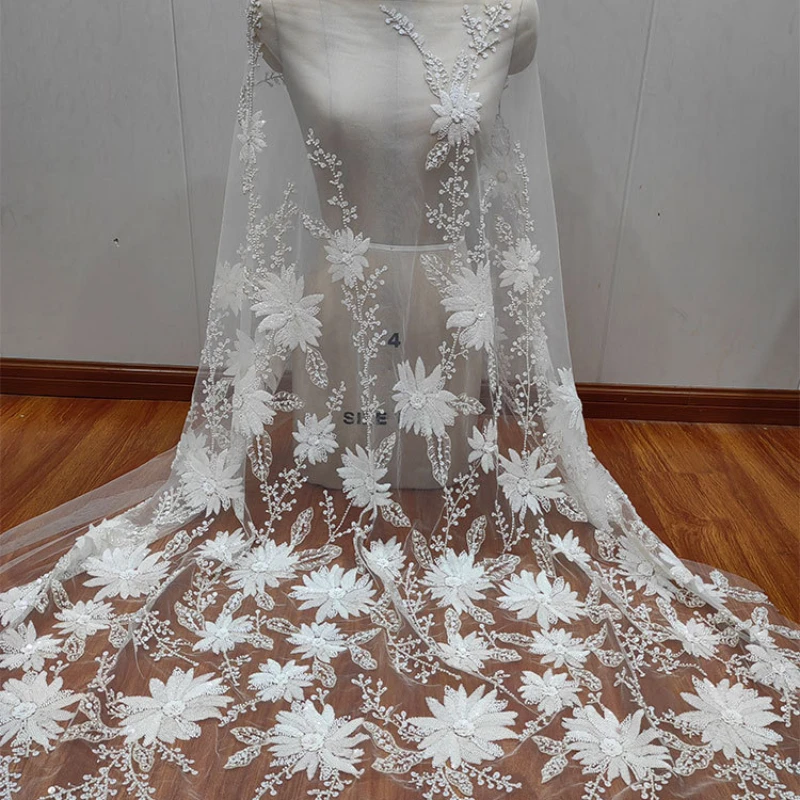 High-quality Beaded Sequins White Pearl Flower Mesh Wedding Dress Veil Lace Fabric