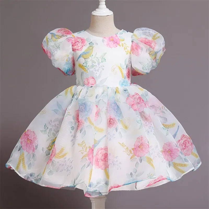 Dress for Kid Girl Flower Birthday Costume for Puff Sleeves 2024 New Girls Party Dresses for 3-8Y Children Princess Formal Dress