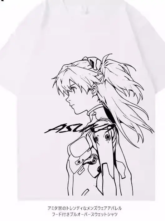 Heavyweight Pure Cotton EVA Anime Short-sleeved Unit-01 Asuka T-shirt Summer New Mecha Loose Off-the-shoulder Top for Men and view 2