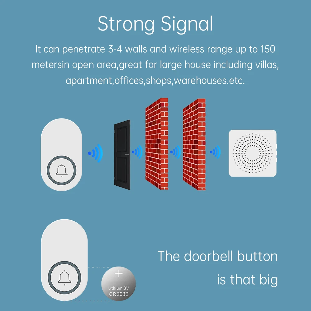 Wireless Doorbell Long-Distance 150M | 38 Melody | Safety Alarm CR2032 Battery Powered