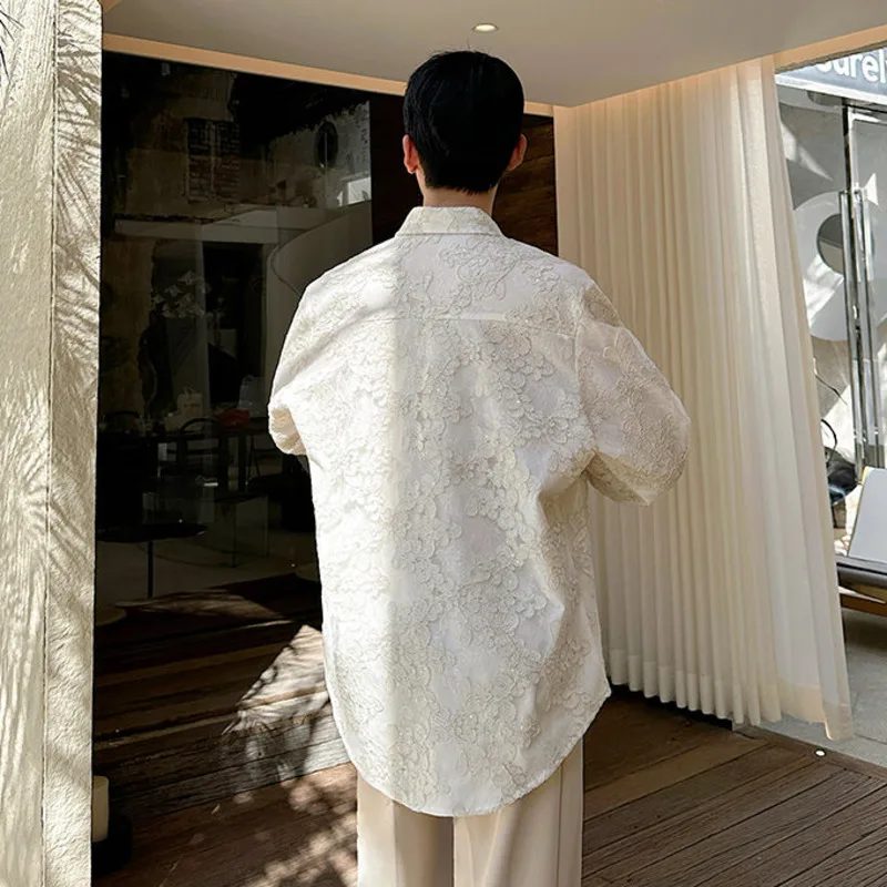 WVGA Summer New Men Double-layer Embossed Sheer Embroidered Long Sleeve Shirt Niche Chic Casual Turn-down Collar Tops Ins W24156