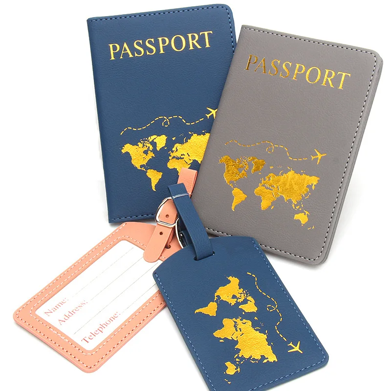 Cute Map Passport Case with Luggage Tags, PU Leather Passport Cover Blocking Cards, Travel Wallet Document Book Organizer