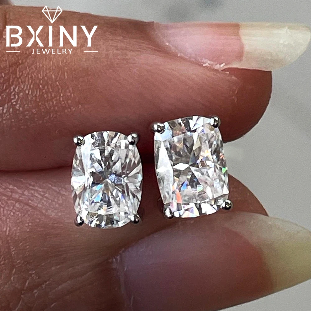 BXINY 1/2/3CT Elongated Cushion Cut Moissanite Stud Earrings Pure S925 Silver Solitaire Diamond Ear Studs for Women Gift Jewelry