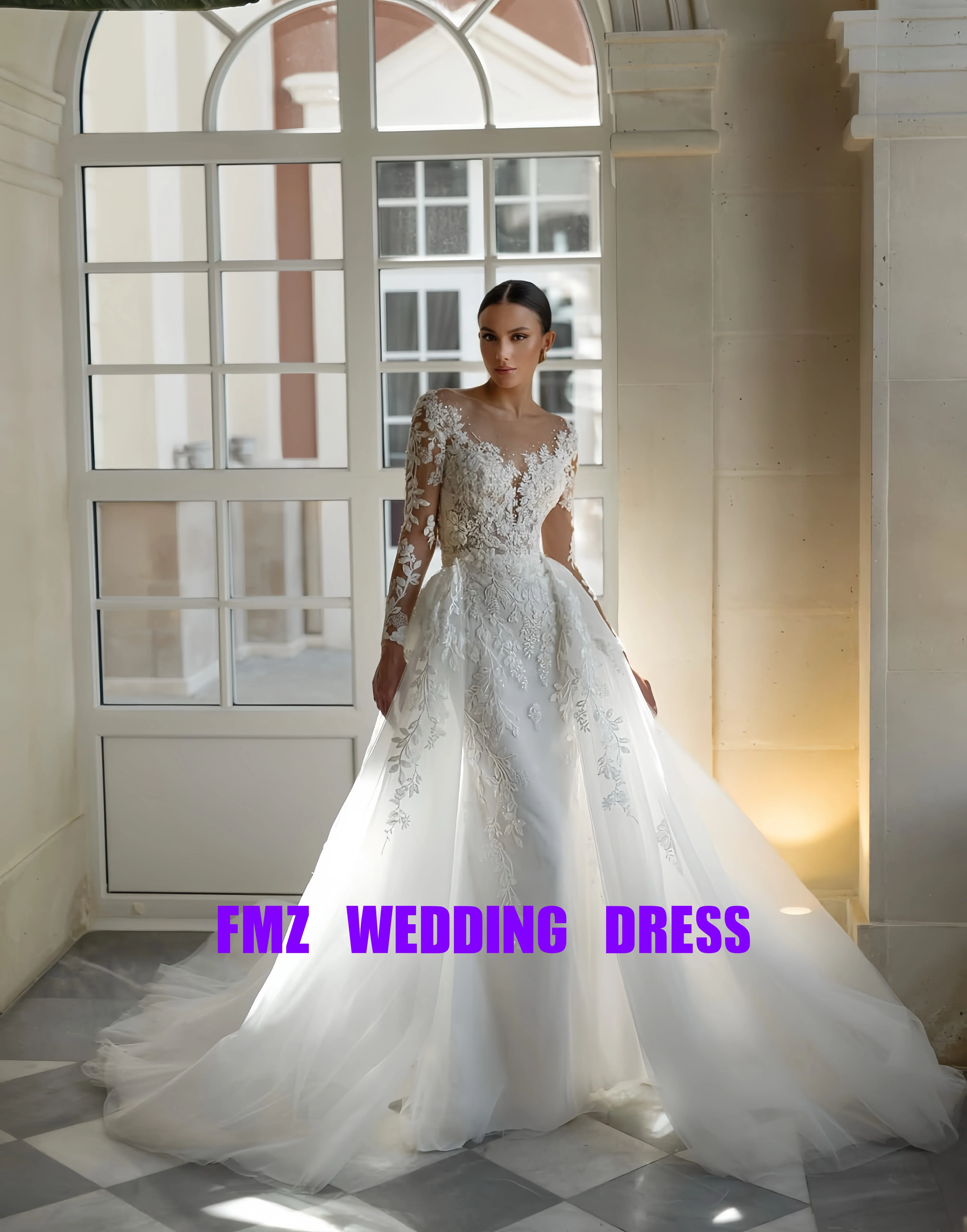 맞춤형 라운드넥 긴팔 머메이드 탈부착 가능한 꼬리 웨딩드레스 여성용 드레스 로브 드 마리에