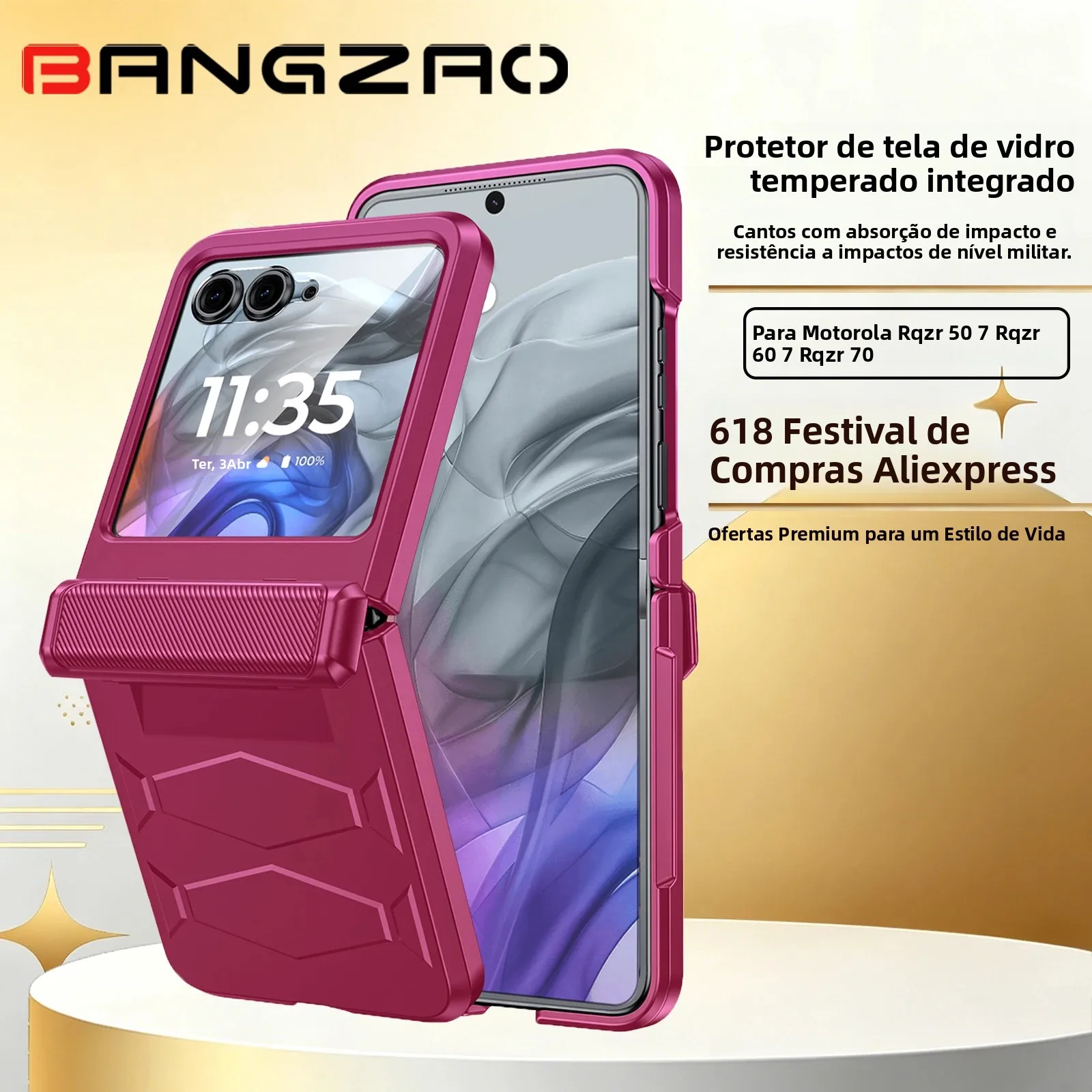 Promoção 618! Capa de Telefone para Motorola Razr 50/60/70 com Vidro Temperado HD Integrado, Proteção Militar Contra Quedas, Proteção de Dobradiça - Rosa Vermelho