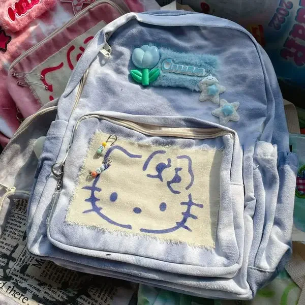 Sanrio-bonito Kitty retro mochila faculdade para meninas, contraste cor textura, artesanal, original, novo