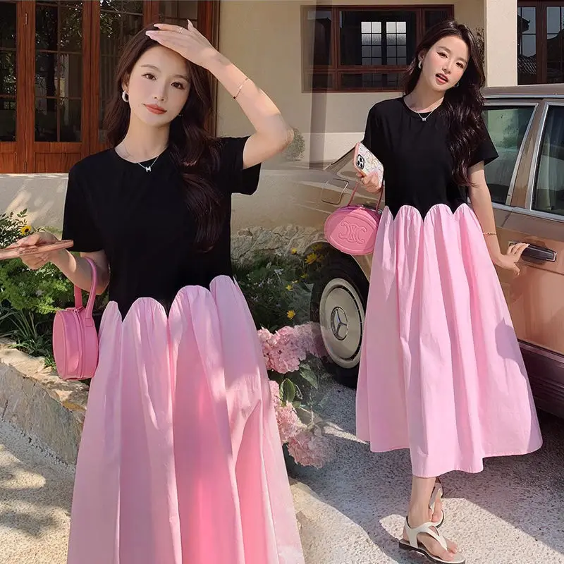 

High end Pregnant Women's 2025 New Summer Loose Dress Pregnant Women's Medium long Dress Maternity Short sleeved Dress LI111