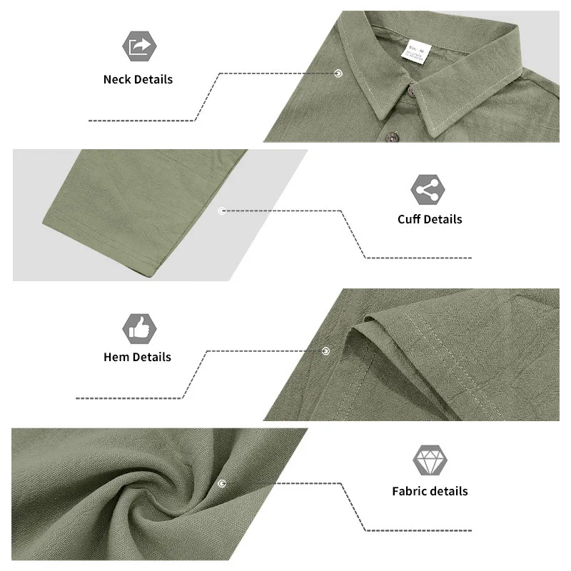 Leinen-Hemd mit Stehkragen und Knopfleiste, Herren Locker Sitzendes Atmungsaktives V-Ausschnitt Langarm-Polohemd – Detail 34