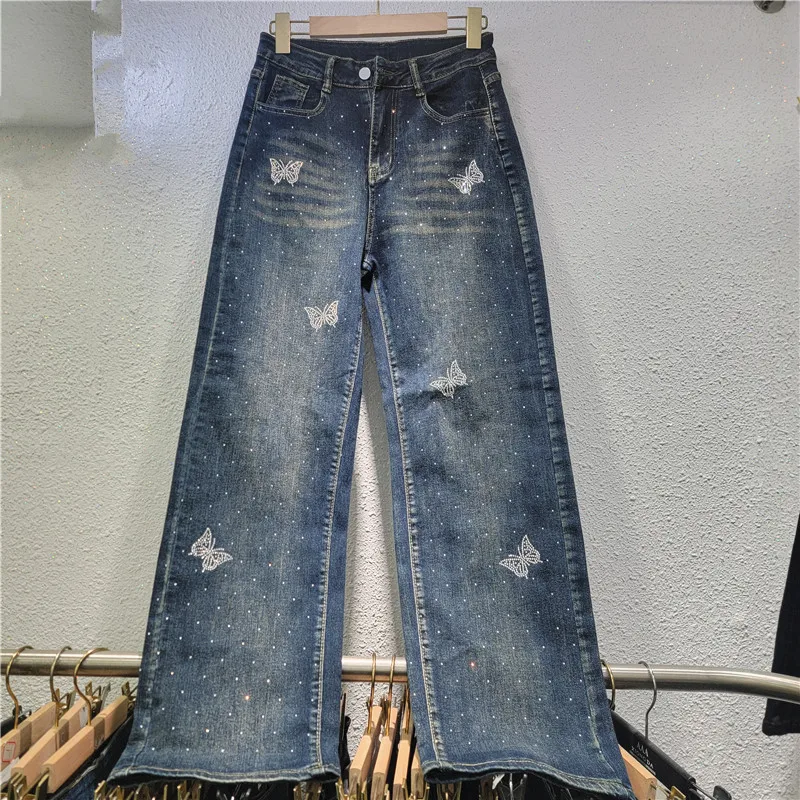 Europäische Straße Schmetterling Hot Diamond gewaschen elastischen Denim Straight-Leg Hosen Damen Blue Jeans