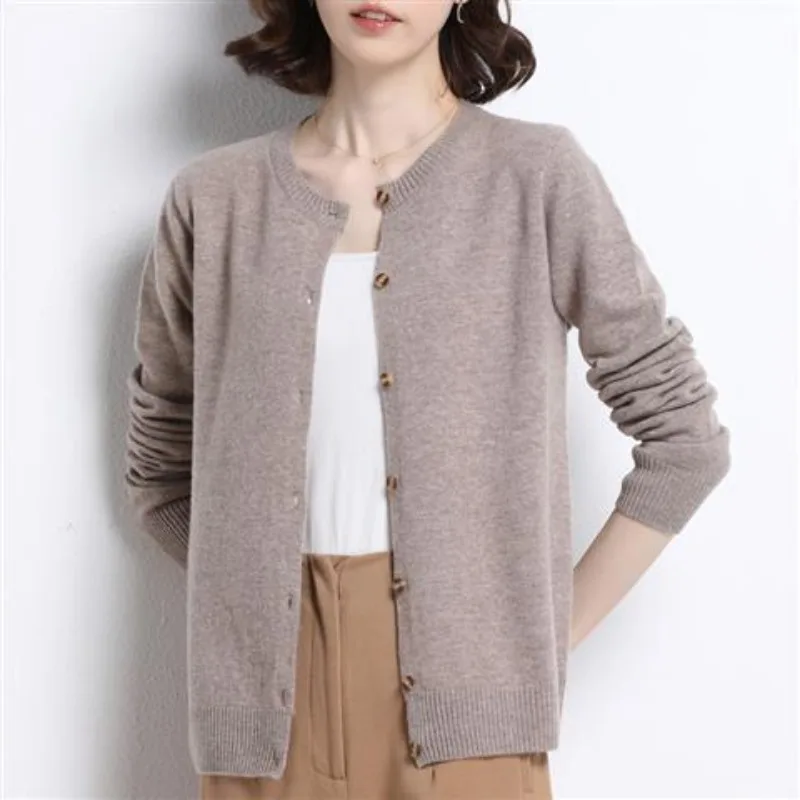 Women\'s Clothing Solid Color Button Long Sleeve Sweater Knitted Cardigan Autumn Winter Coats Casual Crew Neck Screw Thread Tops