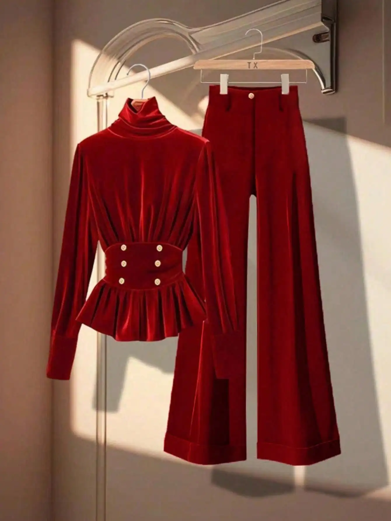 Women's Velvet High Neck Peplum Top & Wide Leg Pants Set in Wine Red