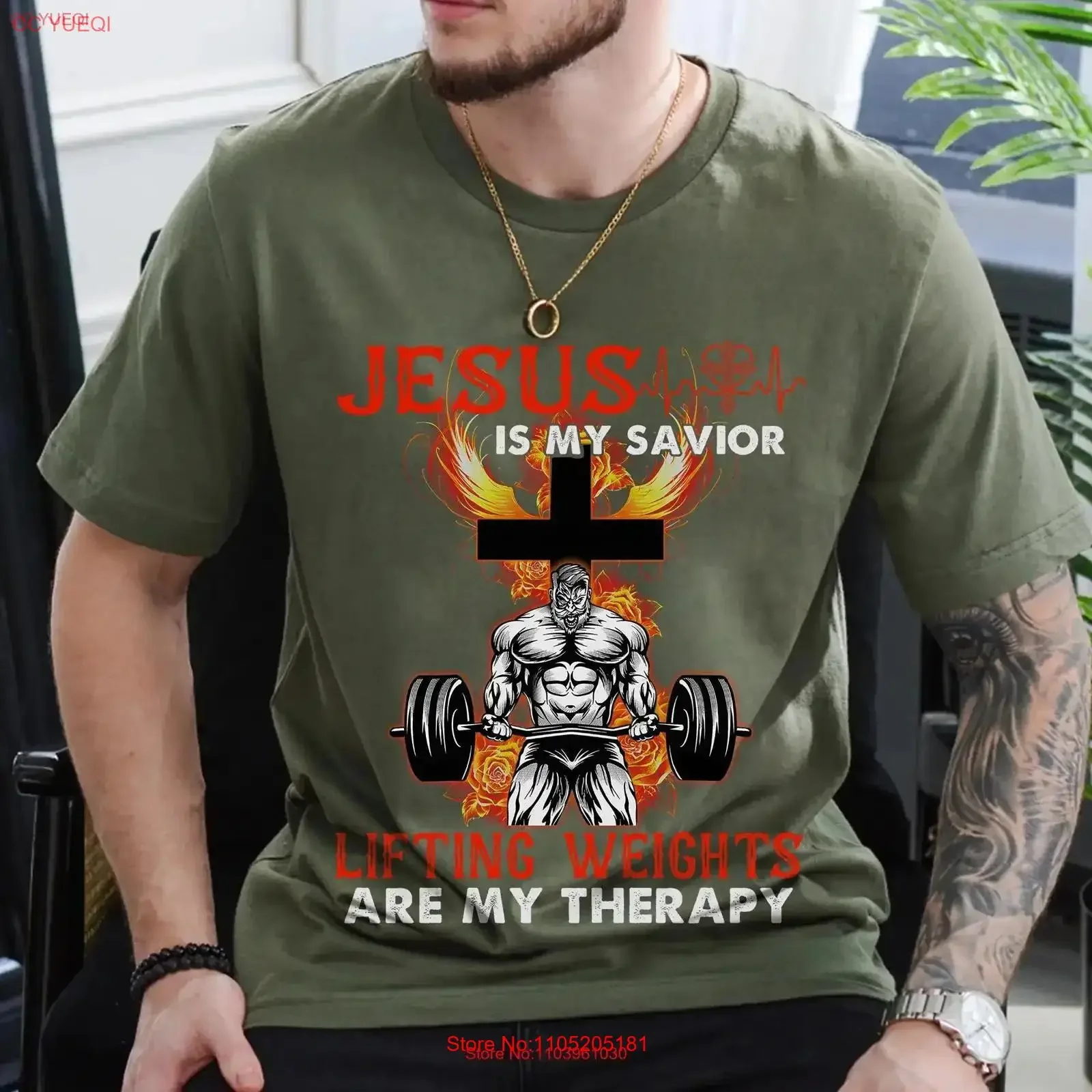 

Jesus Is My Savior Lifting Weights Are Therapy T Shirt Faith and Fitness Gym Christian Workout for Men vintage Washed homme
