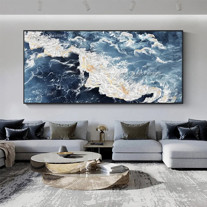 

Modern Sea Waves Hand Painted Thick Oil Painting Blue Seascape Gold Foil Canvas Painting Original Great Wave Artwork Wall Decor