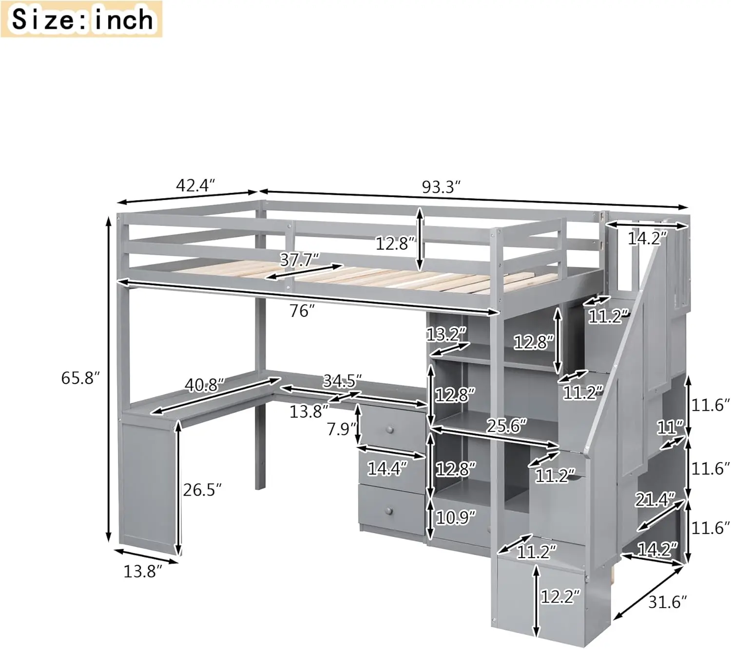 SOFTSEA Twin Loft Bed with Desk & Storage Stairs, Wood Loft Bed with L Shaped Desk and Storage Cabinet, High Loft Bed Frame