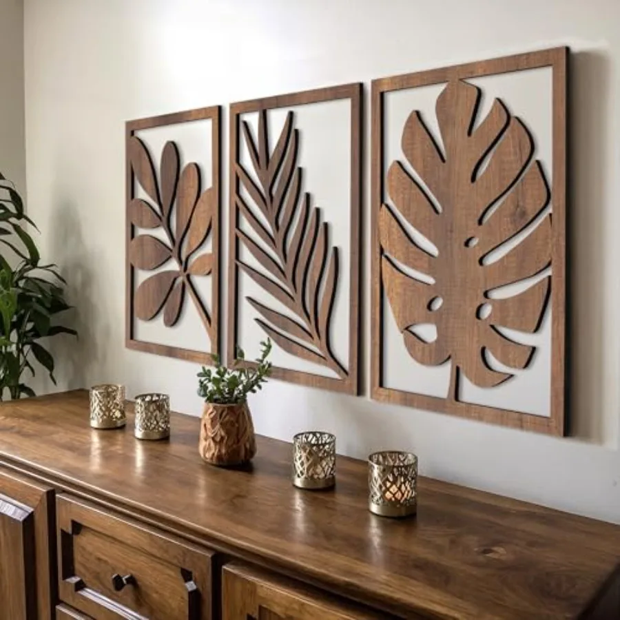 

Modern Wooden Wall Sculptures Set of 3 Home Decor Accent Wall Art for Living Room, Bedroom, Office - Easy Installation