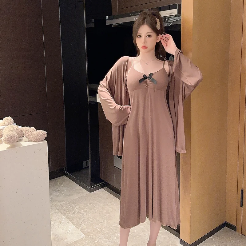 

2025 Autumn 2PCS Sexy Lingerie Spaghetti Strap Modal Nightgowns for Women Korean Sleepwear Nightdress Night Dress Home Nighty