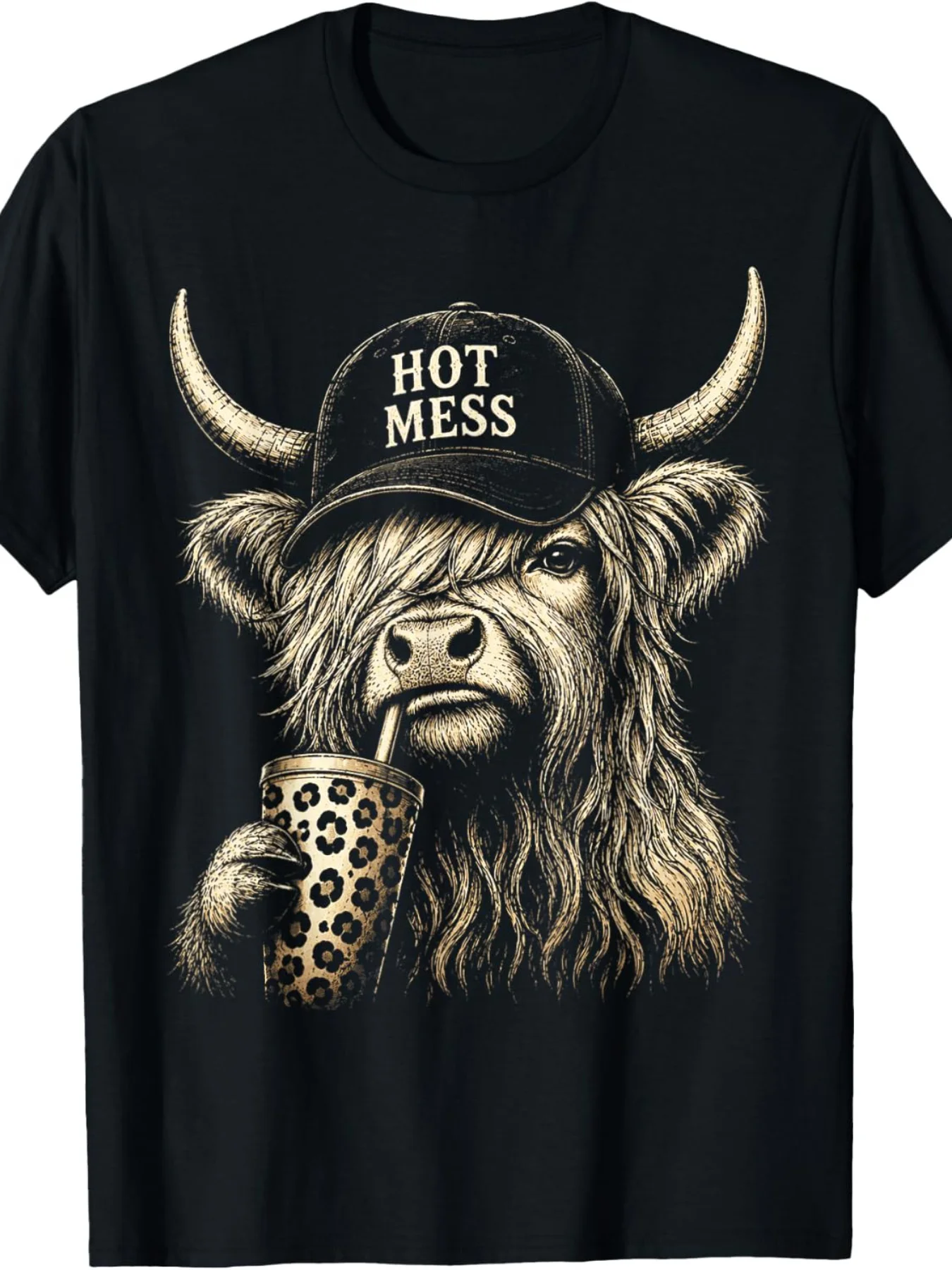 [Funny Highland Cow T-Shirt] Men' And Women'S Funny Highland Cow Coffee T-Shirt - Scottish Cow Print Graphic Tee Suitable for Coffee Lovers, Casual Round Neck Shirt Casual Attire, Washable Apparel, Year-Round Outfits