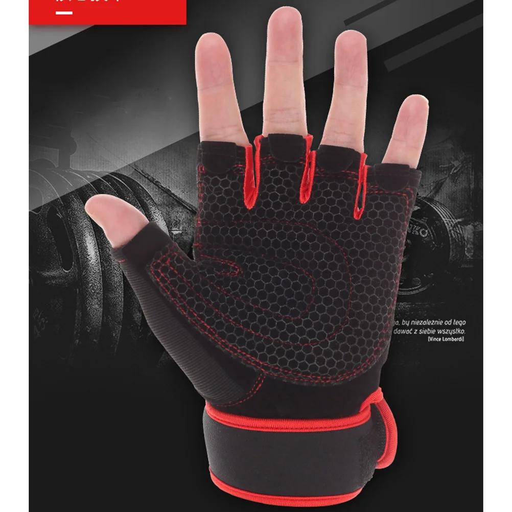 

1Pair Fitness Gloves Anti-Slip Breathable Wrist Wrap Weightlifting Training Gym Workout Support M Black Red Sports Gloves
