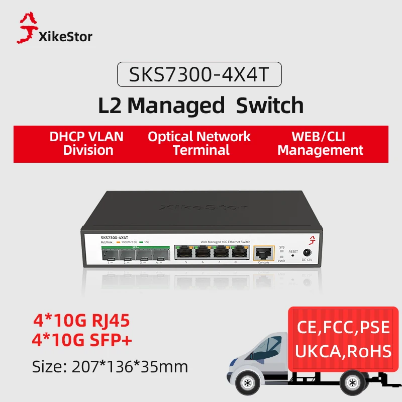 XikeStor NEW Layer 2 Managed 8-Port Full 10-Gigabit Switch 410G Ethernet Ports and 4 10G SFP+ Fiber Ports