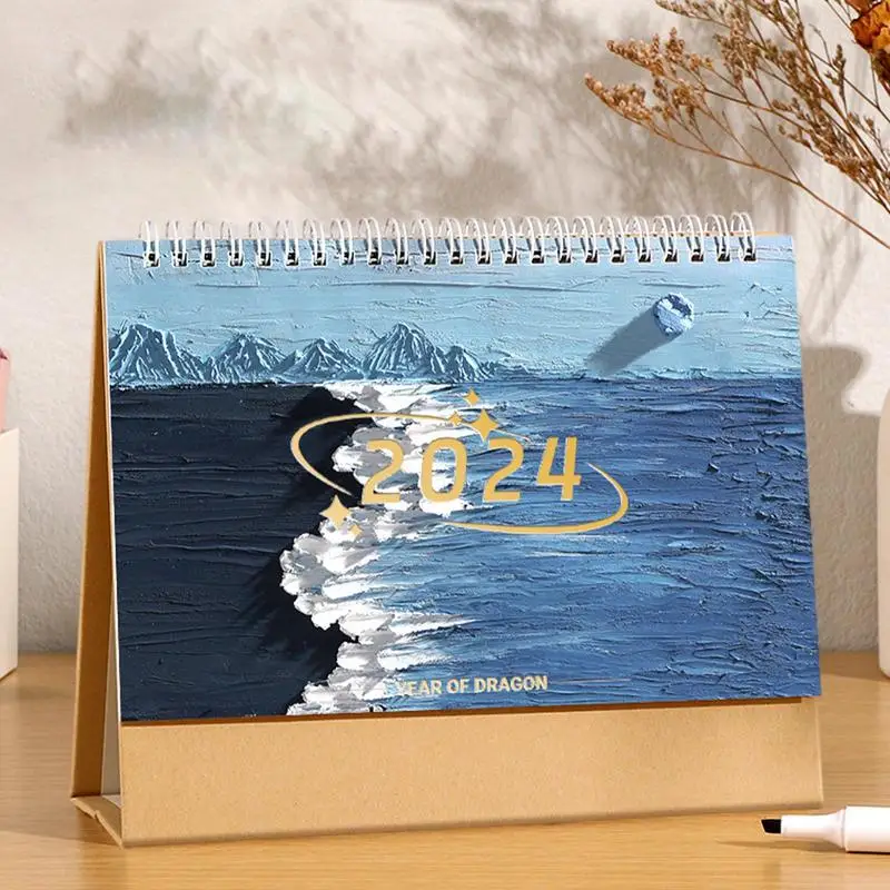 Mini Calendario de escritorio de pie, pintura al óleo, mes, Personal, hogar, aula, escuela, 2024