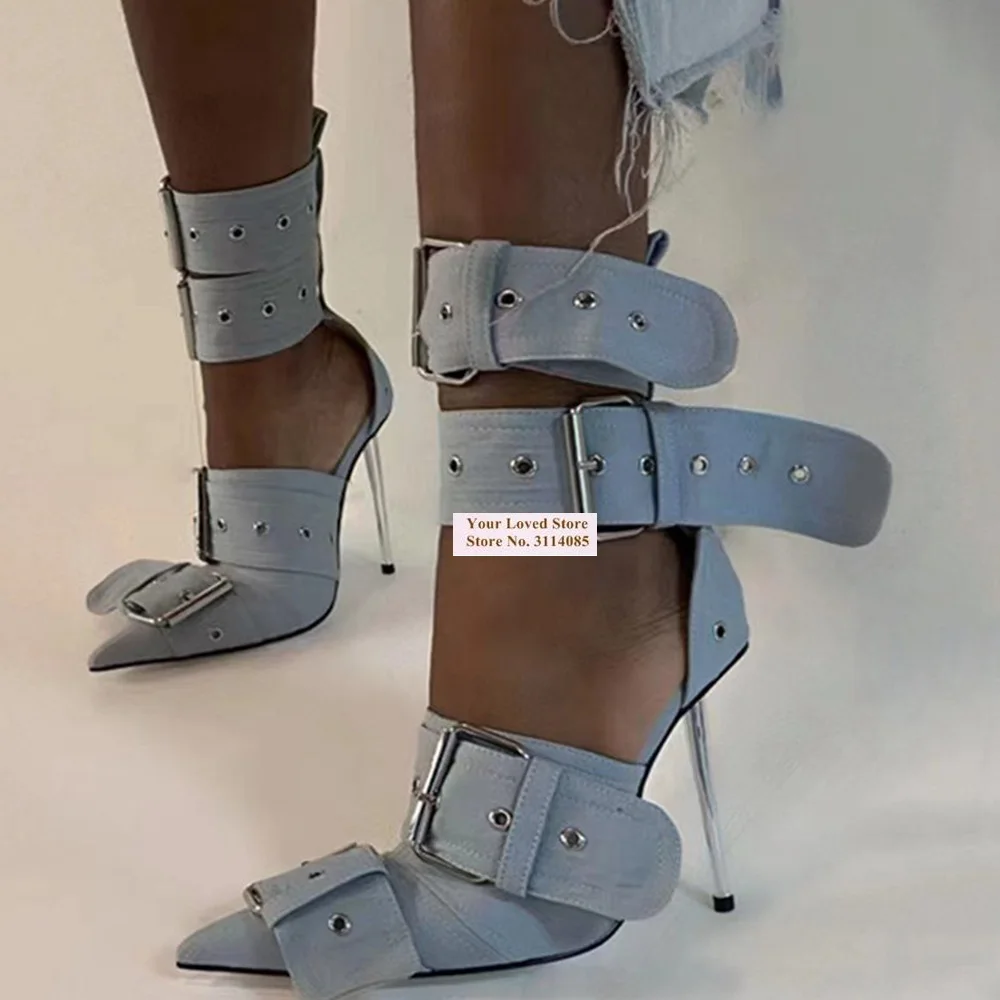 Botas hasta el tobillo con punta estrecha y tacón alto fino de Metal plateado para mujer, sandalias con hebilla y cinturón ancho, botines, zapatos vaqueros sexis