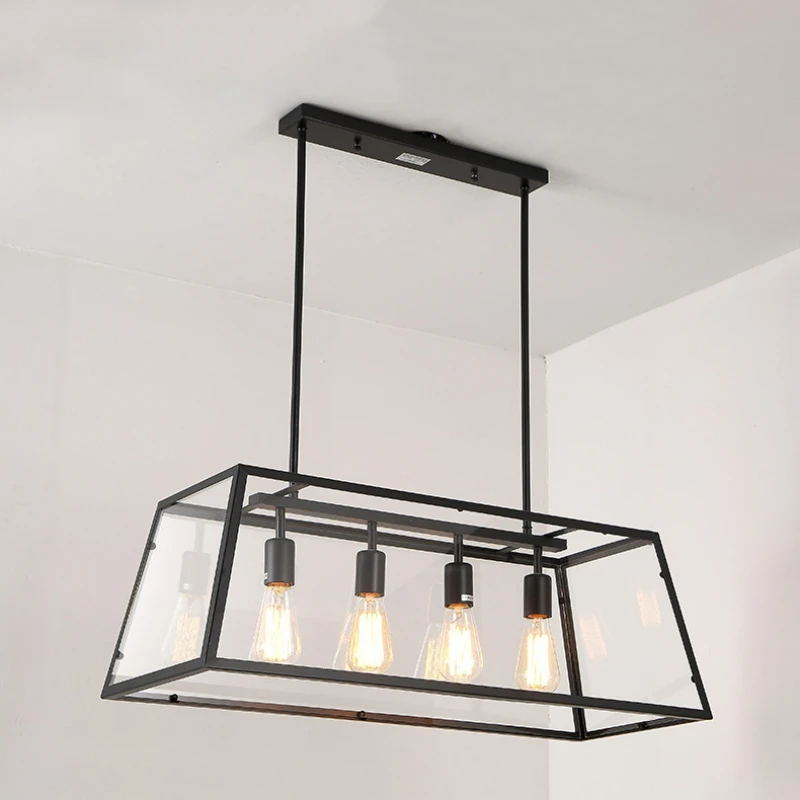 

Black Farmhouse Chandeliers for Dining Room 4-Lights American Retro Rectangle Chandelier for Kitchen Island Bar Cafe Light