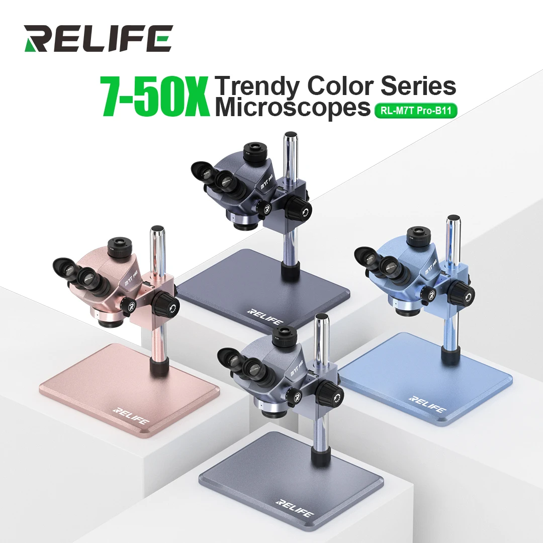 RELIFE RL-M7T Pro-B11 Trinocular HD Microscope 7X-50X Continuous Zoom Trendy Color Series Microscopes Large Field of View Repair