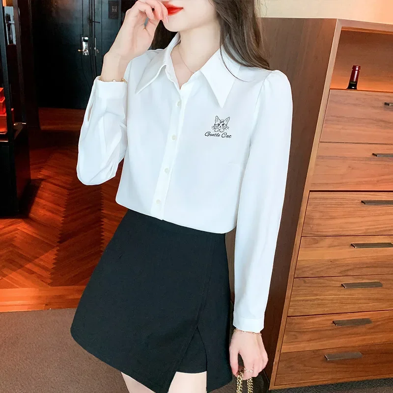 

Spring Autumn New Women's Chic Embroidery White Chiffon Shirts Female Top Button Turn-down Collar Simple Fashion Elegant Blouses