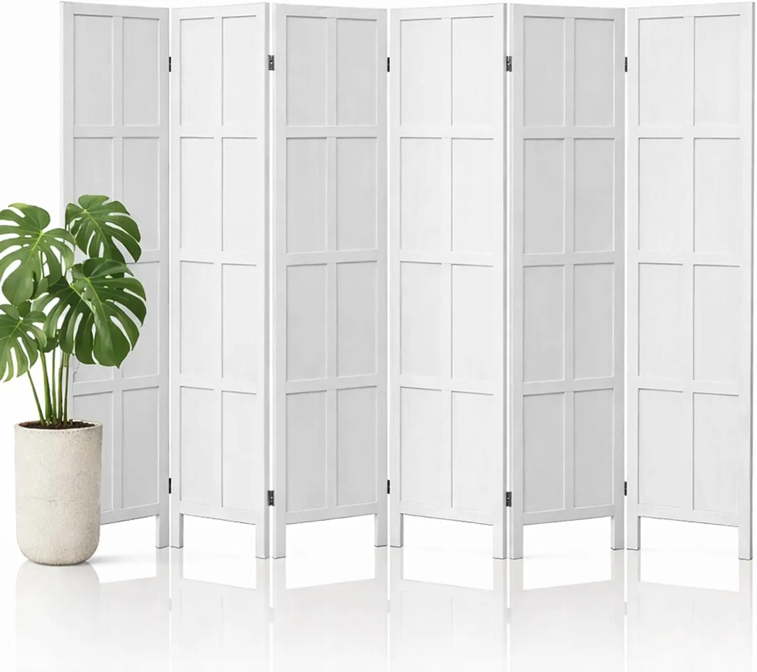 6 Panel Wood Room Divider and Folding Privacy Screen 67″, White | Solid Paulownia Wood Room Partition with 360° Hinges