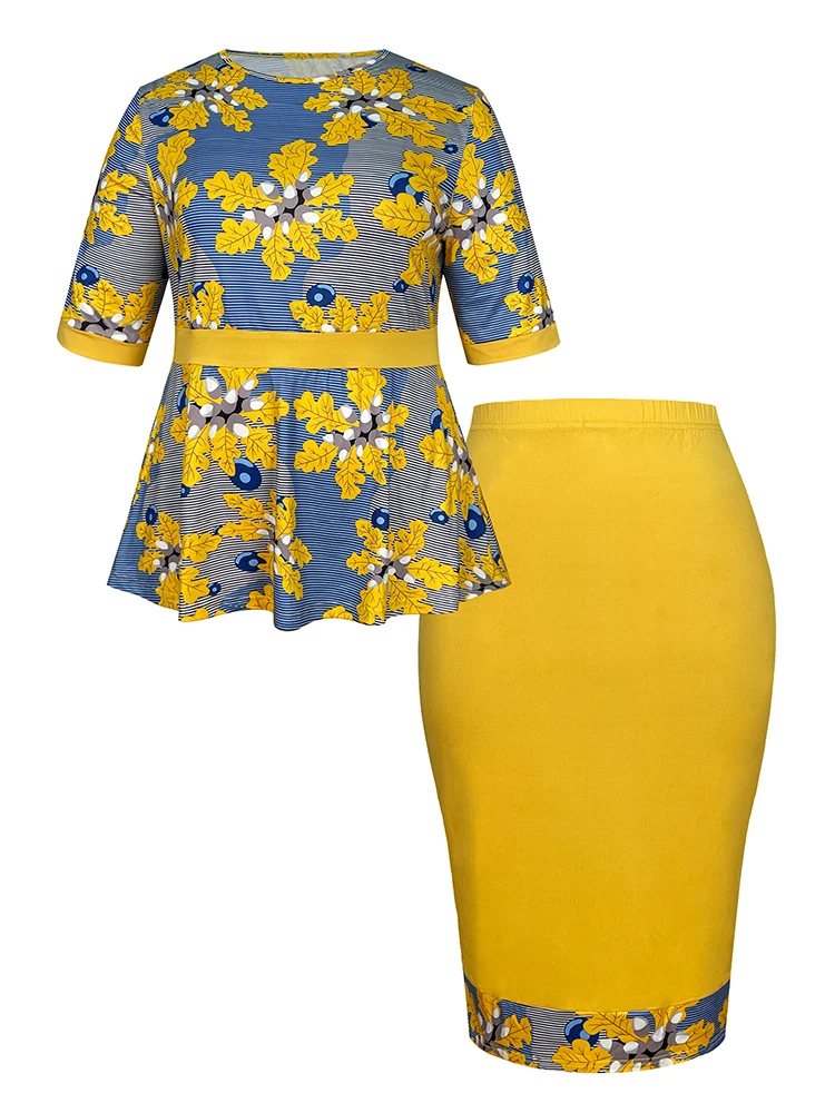 Plus size women\'s casual two-piece set hip skirt round neck short-sleeved printed top T-shirt yellow tight skirt suit summer