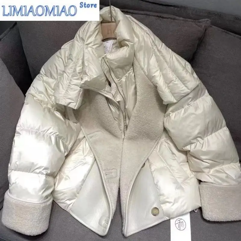 Winter Women Down Coats Streetwear Leather Jackets Short Puffer Jacket Fleece Thick Warm Windproof Outerwear Luxury Brand Parkas