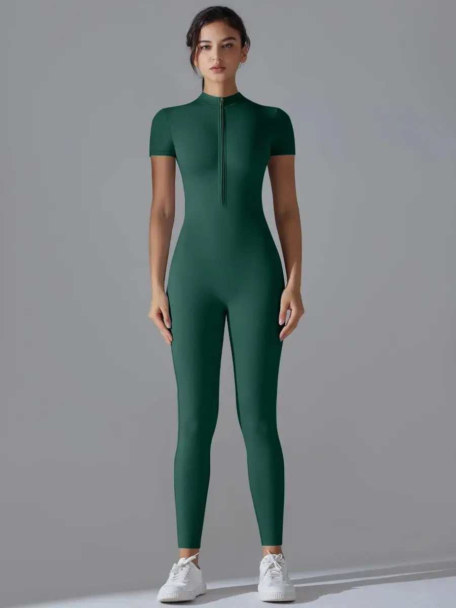 Naakte yoga-jumpsuit met korte mouwen en rits, sneldrogend, ademend, nauwsluitend jumpsuit voor buitensporten, fitnesspak - afbeelding 2