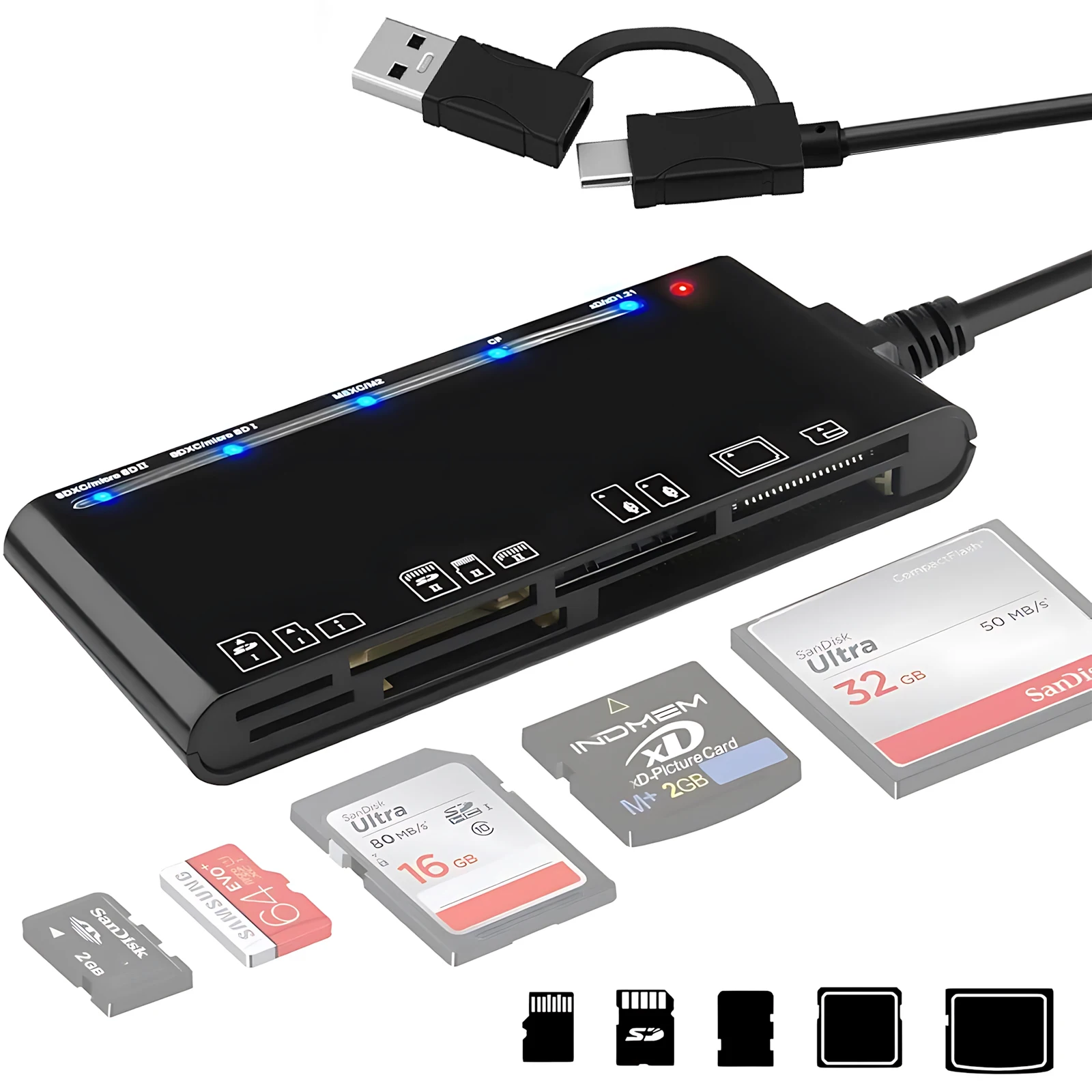 

7 in 1 Multi Memory Card Reader USB C USB3.0 Multi Card Reader for SD TF CF XD MS,SD Card Reader Adapter，Plug and Play, Black