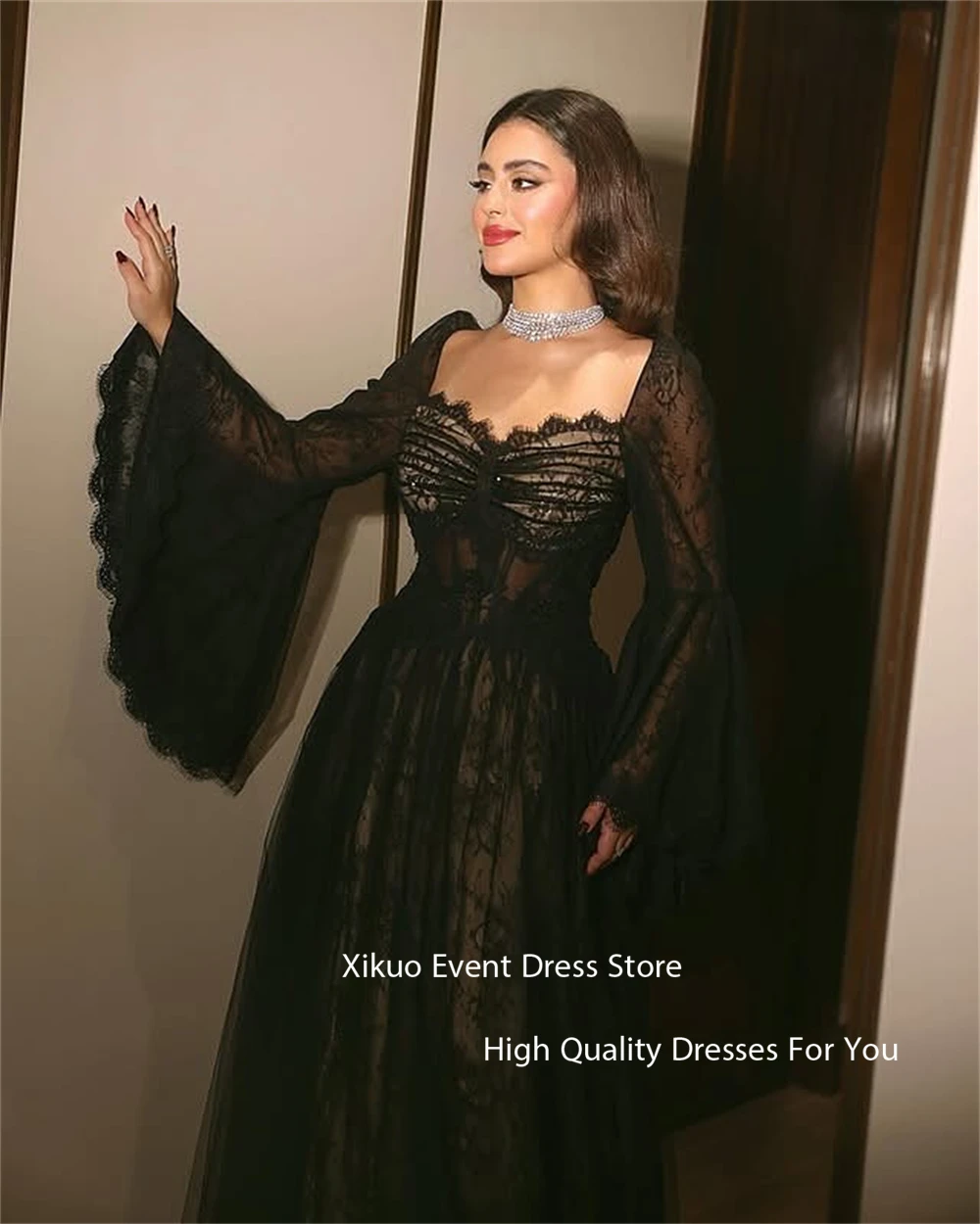 Xikuo Graceful Black Lace Evening Gowns A Line Long Sleeves Robe Cocktail Femmes Illusion Pleated Party Prom Dresses Customized
