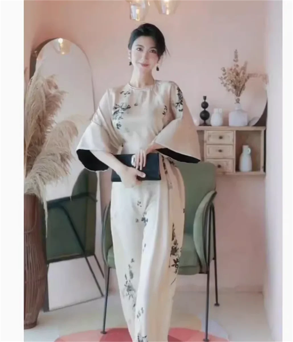 

Advanced style new Chinese style printed trumpet sleeves long waist cinched dress new feminine and socialite style