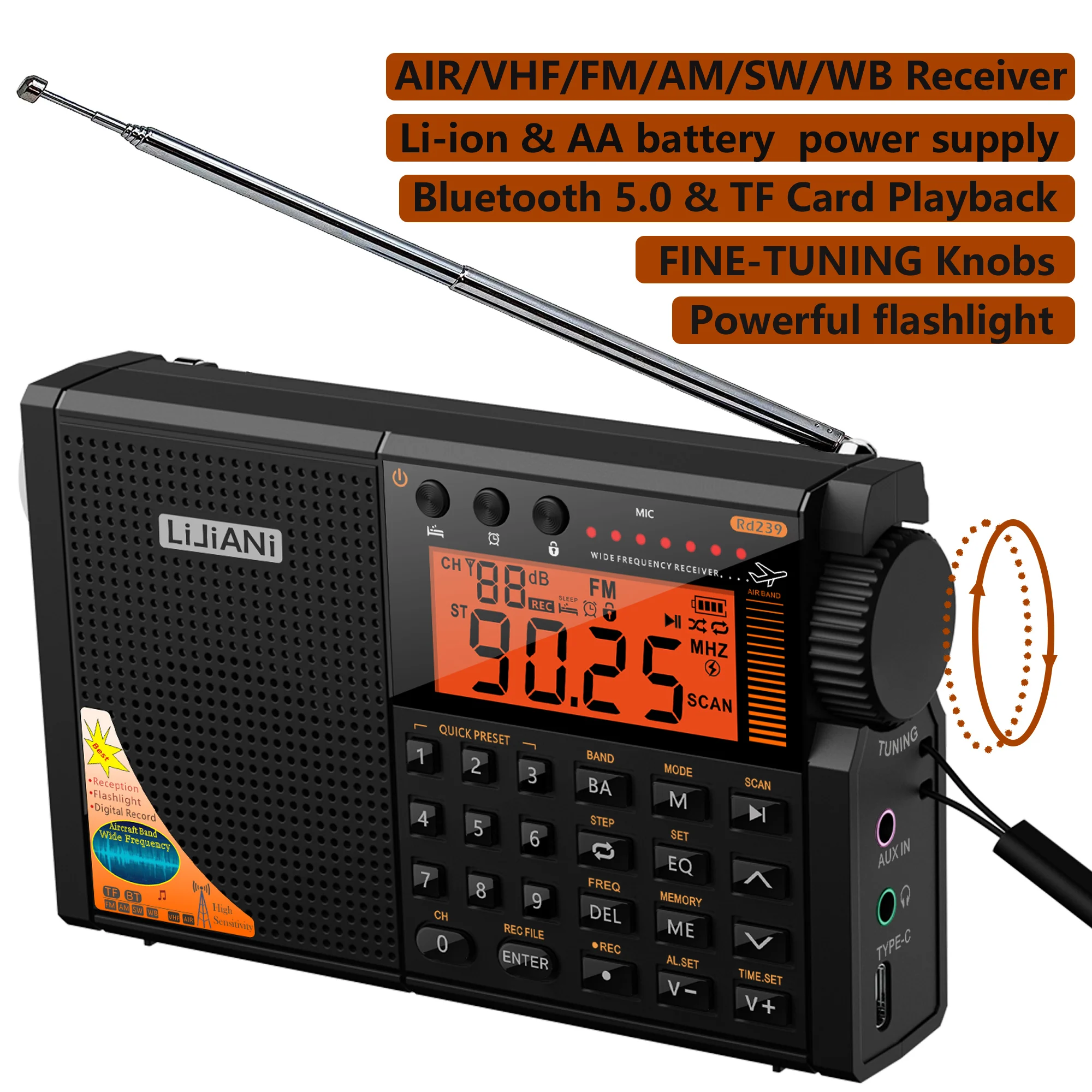 rd239 Radio samolotowe AIR/VHF/AM/FM/SW/tranzystor pasma pogodowego z kartą Bluetooth/TF/latarką, odtwarzaczem MP3, nagrywanie cyfrowe,