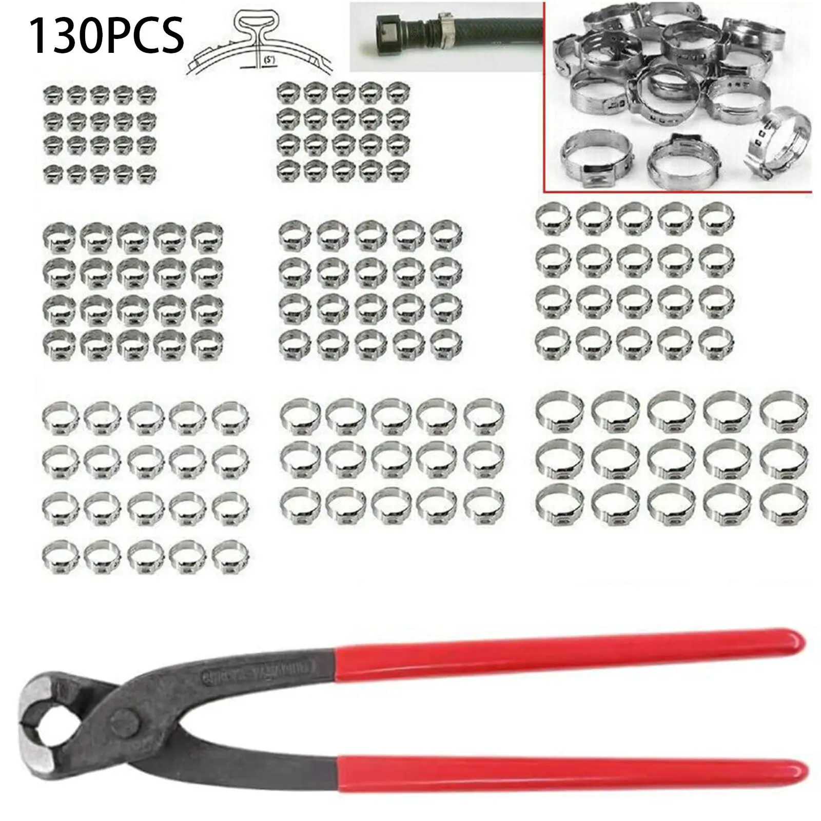 unico orelha mangueira grampos stepless crimper crimping tool 130 pcs aco inoxidavel 304 01