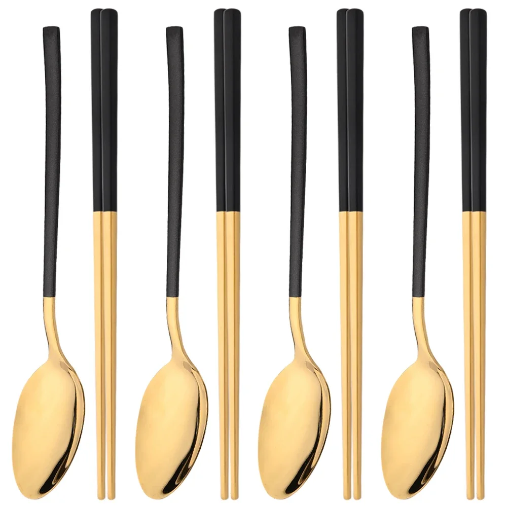 Koreanische 8Pcs Geschirr Set Hohe Qualität Edelstahl Abendessen Set Schwarz Gold Geschirr Löffel Stäbchen Besteck Besteck Set