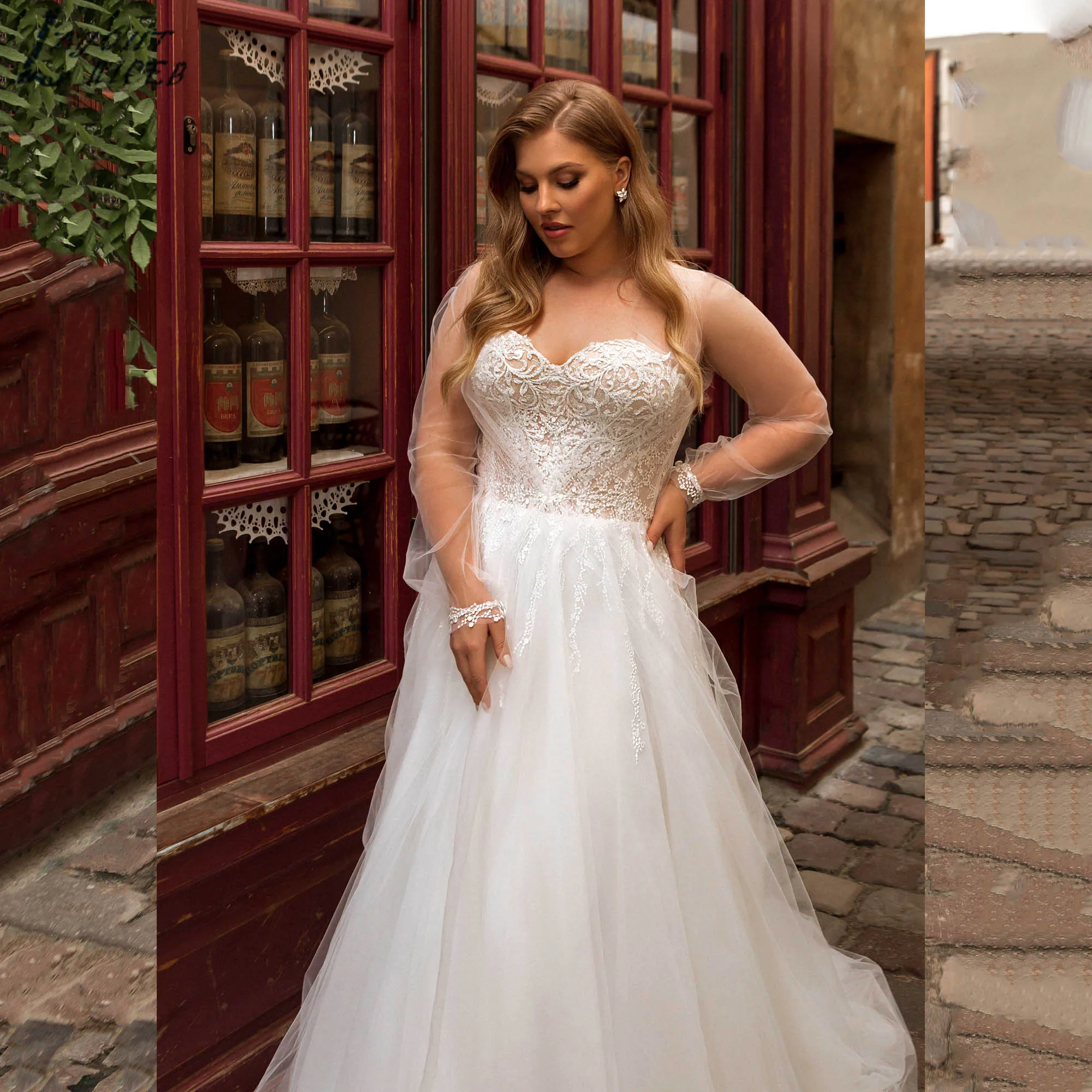 

Large Size Bridal Dresses Women A-line Sweetheart Appliques vestidos de noiva Detachable Sleeves Tulle Wedding Gowns Customized