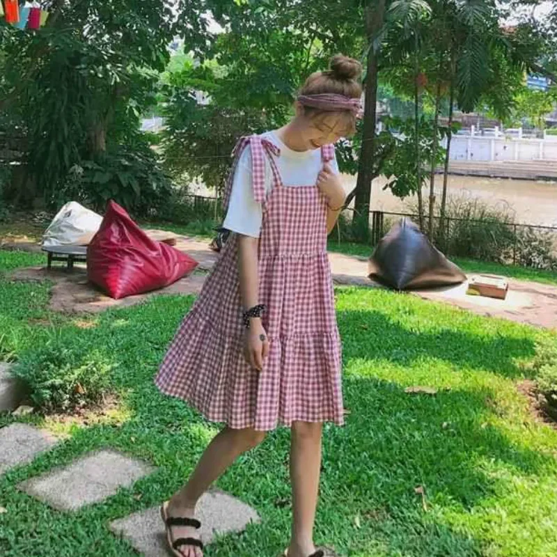 Sleeveless Dress Women Plaid Pleated Bow Midi Sweet Girls O-neck Casual Empire Elegant Harajuku Korean Loose 4XL New Arrival Ins