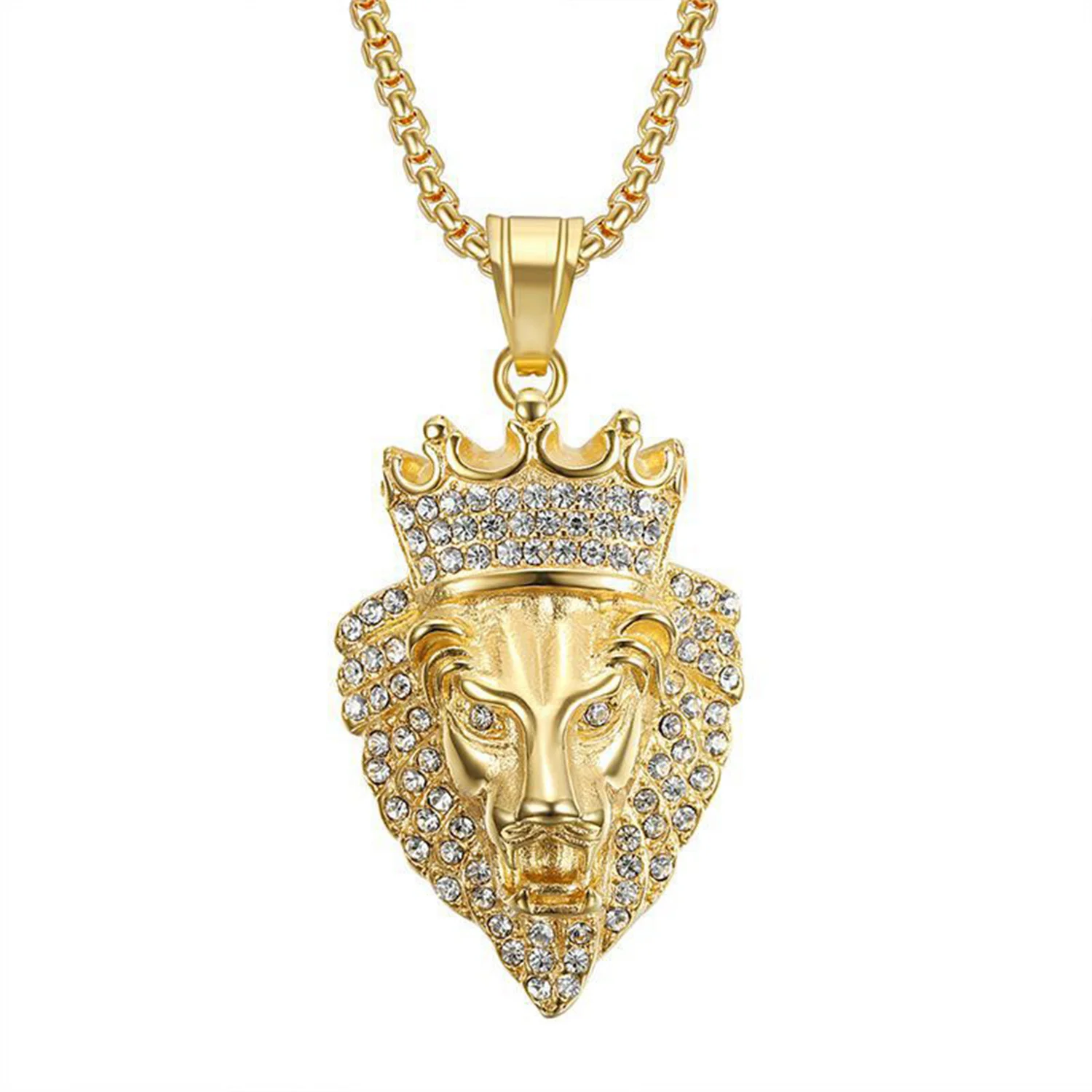 

Iced Out Bling CZ Crown Lion Head Pendant Dropshipping Fashion Gold Color Stainless Steel Animal Necklace for Men Jewelry Gift