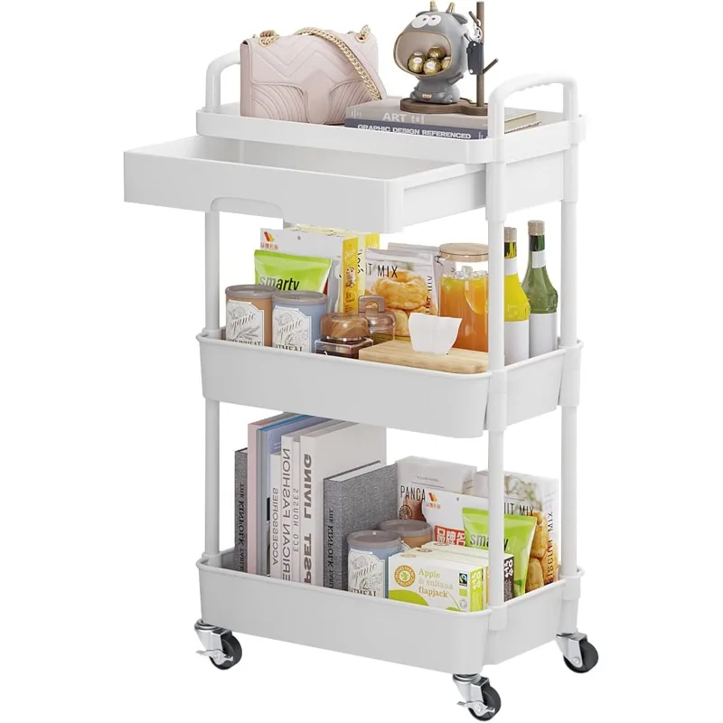 

3-Tier Rolling Utility Cart with Drawer,Multifunctional Storage Organizer with Plastic Shelf & Metal Wheels,Storage Cart for