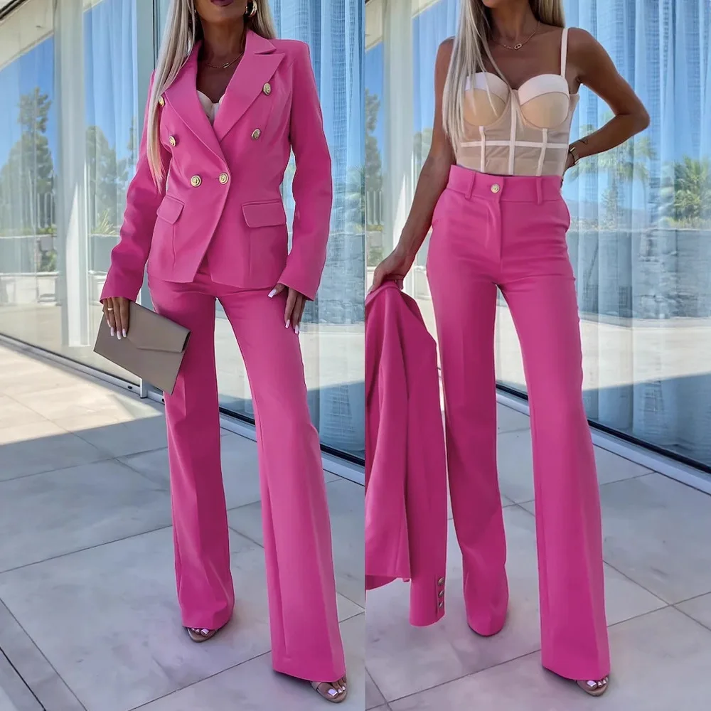 2-teiliges Outfit, Metallring-Dekor, gekerbter Kragen, geraffte Taille, Wickel-Frontmantel, Reißverschluss, elastische Rückseite, Taille, Blazer, Hosen-Set