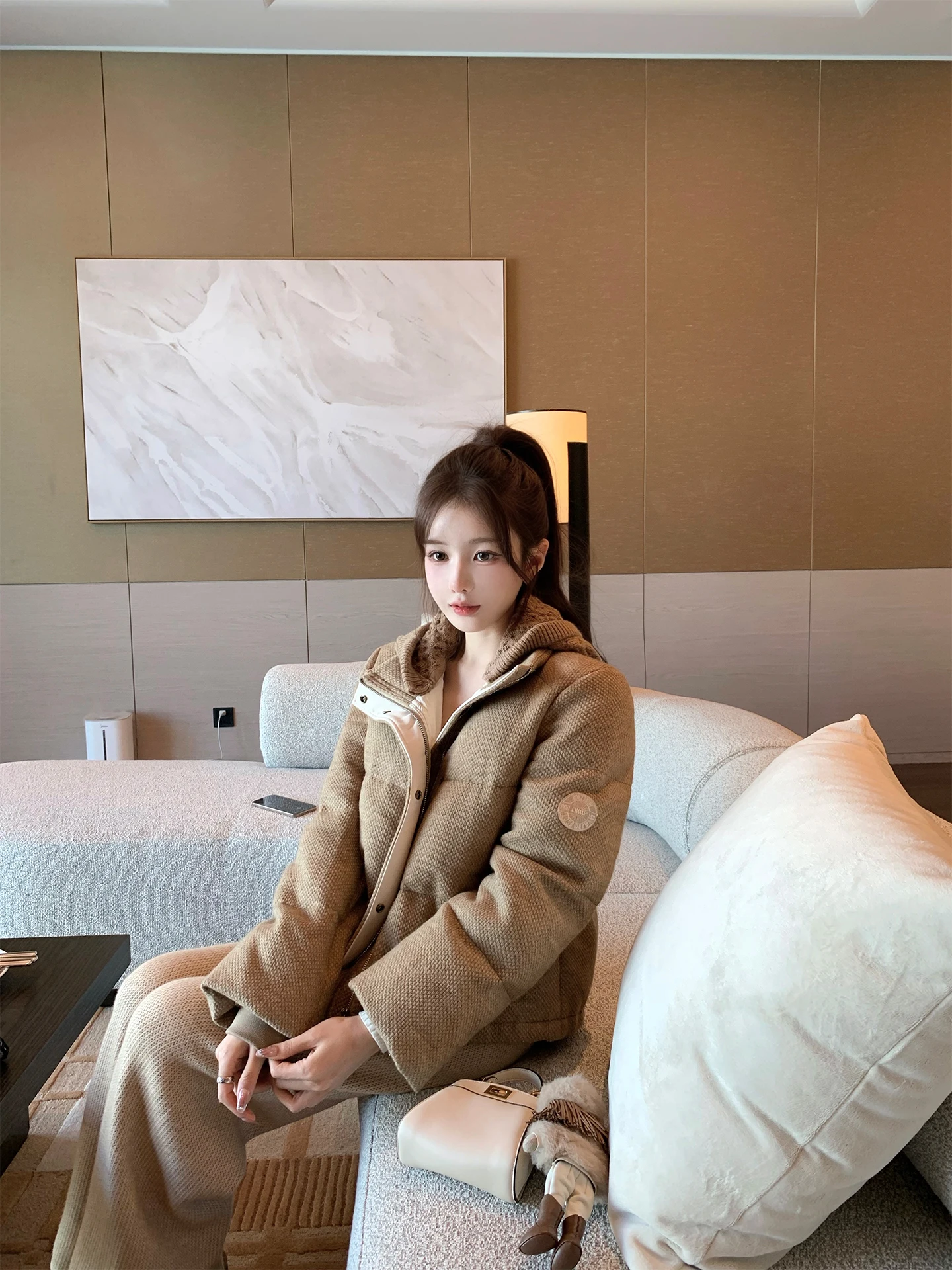 

Bigking Vintage Knitted Hooded down Jaet Women's Warm Outerwear Coffee Color 90% White Du down Thiened Long Sve