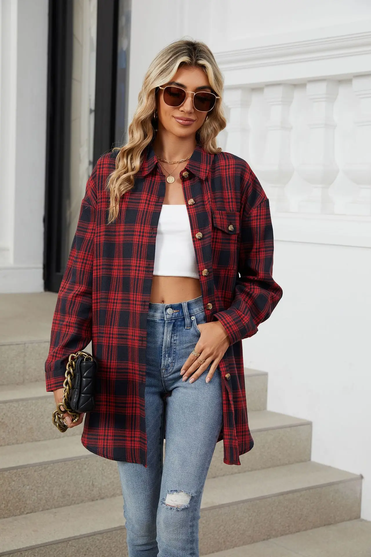 2024 Autumn Winter Women Blouse Casual Plaid Print Button Up Long Sleeve Turn Down Collar Shacket Plus Size Loose Streetwear