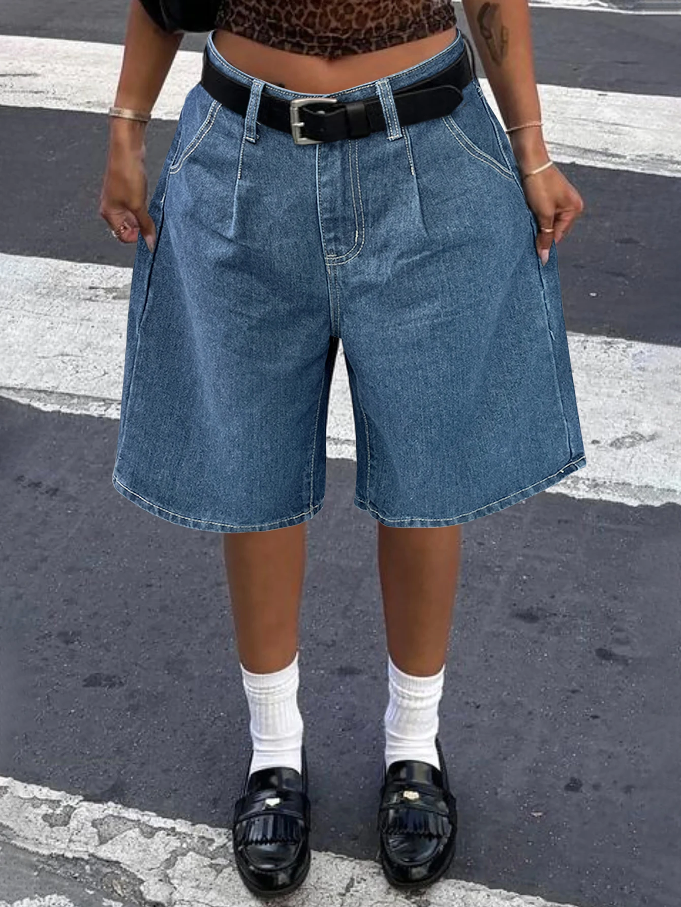Y2K Street geplooide bermuda denim shorts hoge taille schuine zak losse pasvorm jorts casual comfortabele gewassen jeansshorts